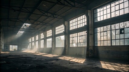 Abandoned Industrial Space with Sunlight Streaming Through Gridded Windows Creating an Atmospheric Interior Scene.