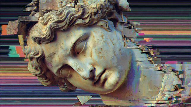 ancient stone sculpture crumbling with digital glitch effects, pixelated cracks and distorted fragments, blending classical art with digital decay, cyber vandalism aesthetic