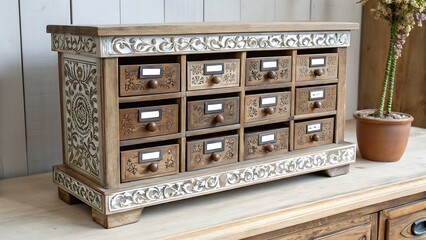 Antique Styled Cabinet with Multiple Drawers and Decorative Carvings Provides Practical Storage for Small Items, Blending Style and Function.