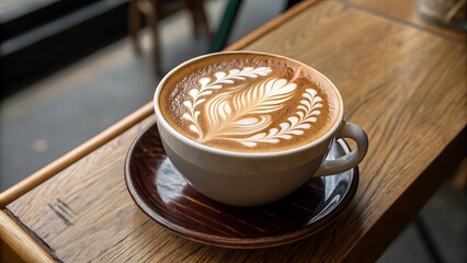 Artistic Latte with Delicate Leaf Design Resting Gracefully on a Wooden Table for a Cozy Moment.