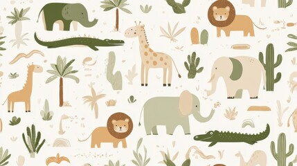 Colorful cartoon safari animals wandering among lush tropical vegetation, green cacti surrounding playful elephant, lion, giraffe characters for kid's room design © Newleks