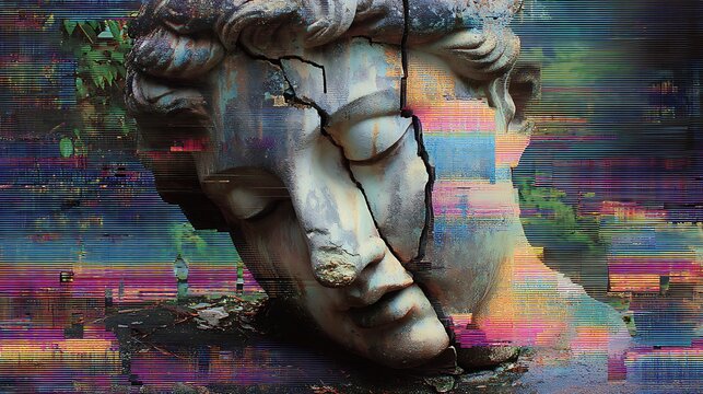 ancient stone sculpture crumbling with digital glitch effects, pixelated cracks and distorted fragments, blending classical art with digital decay, cyber vandalism aesthetic - Powered by Adobe