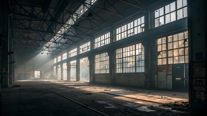 Atmospheric Industrial Interior: Sunbeams Illuminate Empty Factory Space with Large Windows and Diminished Paint, Creating a Moody Scene.