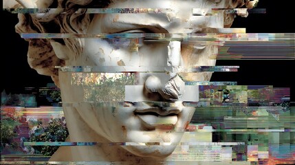 classical statue face melting into glitch noise and fragmented pixels, surreal deconstruction with digital decay effects, contemporary glitch vandalism 