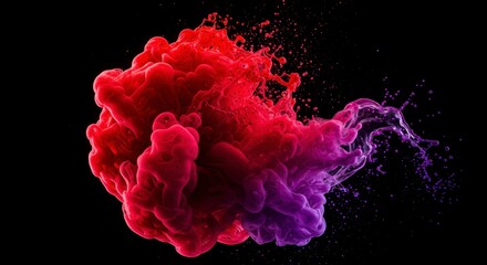 Vibrant red and purple ink swirling in water, against a stark black background, creating dynamic, abstract shapes