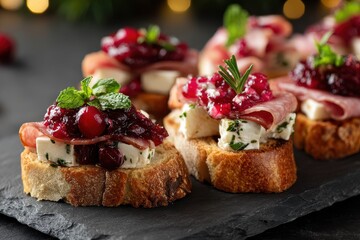 Festive Crostini Delights: Holiday Appetizers with Cranberry Sauce, Brie, Salami, and Mint on Slate