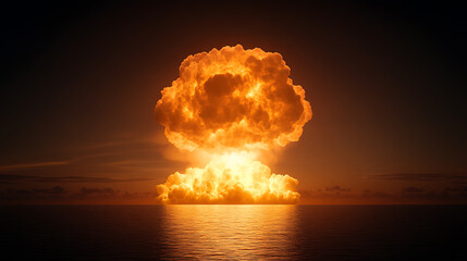 A mushroom cloud rises above the ocean, illuminated by an internal glow. The sky is a dark orange, contrasting with the bright explosion.