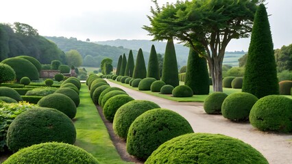 Beautiful formal garden showcases carefully trimmed hedges and trees along a peaceful pathway leading to nature.