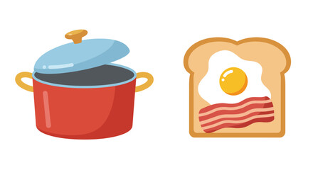Cartoon Illustration of Breakfast with Toast Bacon Egg and a Pot