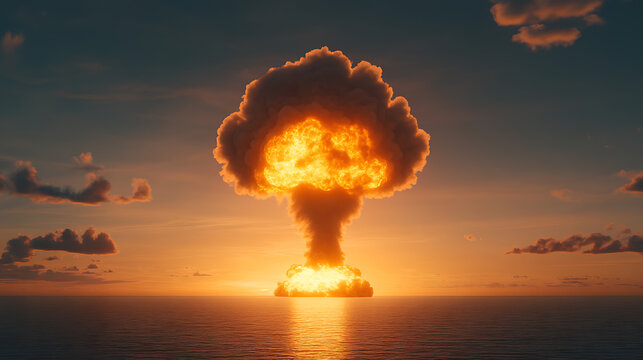 A mushroom cloud rises dramatically over a calm ocean at sunset, symbolizing power and destruction with a serene yet unsettling backdrop. Dramatic and impactful. - Powered by Adobe