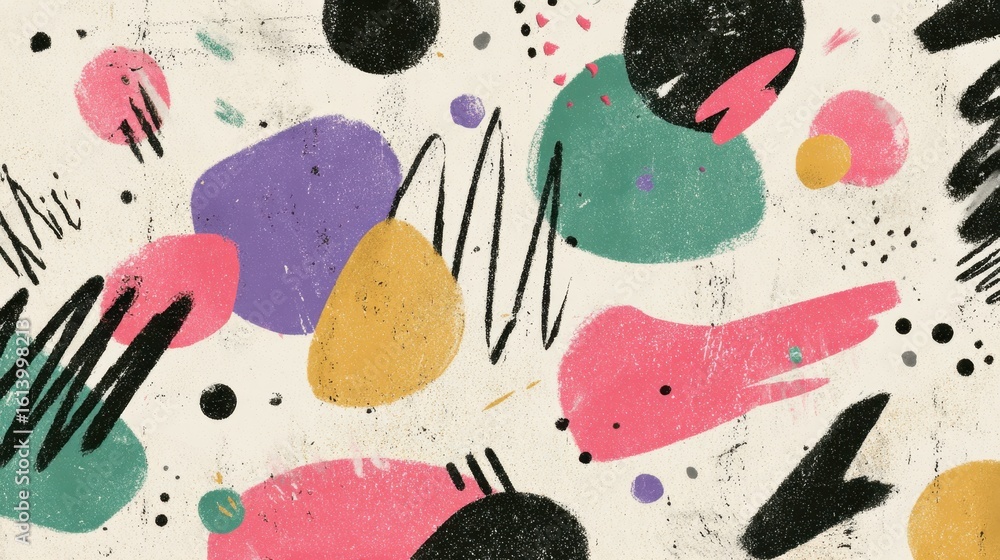Poster vibrant abstract design with geometric patterns, textured layers, blending brushstrokes into dynamic