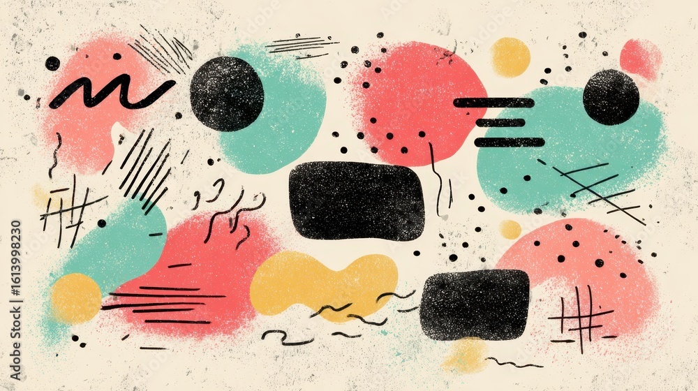 Poster abstract composition showcasing various colorful shapes, scribbles, and textures, creating a visuall