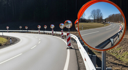 Winding Road Safety: Convex Mirrors Reflecting a Sunny Countryside.
