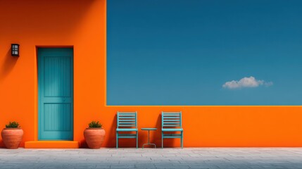 A blue door is in front of an orange building