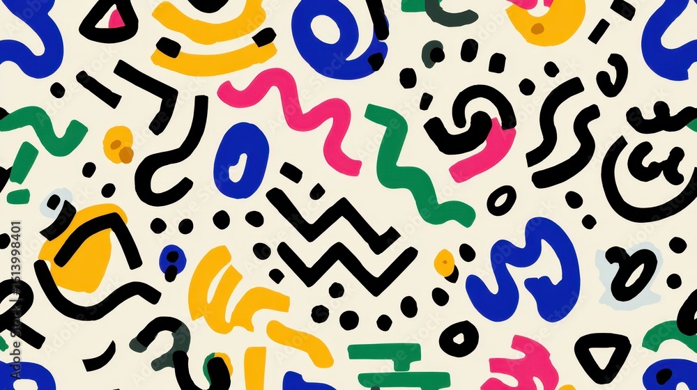 Poster vibrant geometric pattern blending angular and curved shapes, creating energetic visual rhythm with 
