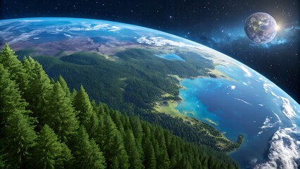 Breathtaking view from space featuring lush forests, vibrant ocean, cloud formations, and distant celestial body against a starry backdrop.