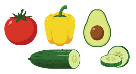 Fresh Vegetable Icons Tomato Bell Pepper Avocado and Cucumber Illustration