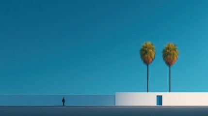 A man is walking on a street next to a building with two palm trees