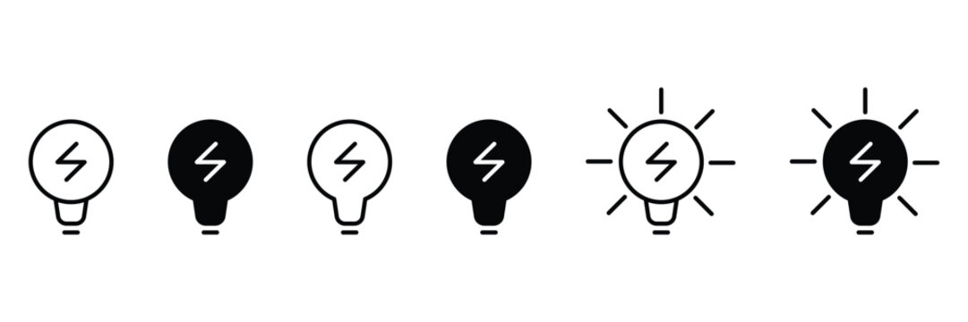 Electric light bulb icon set with flash spark symbol in modern minimal outline and solid vector design for interface usage.