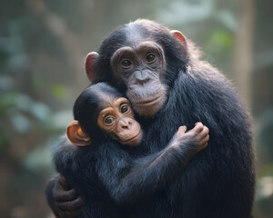 Chimpanzee Mother and Baby Embracing in Forest
