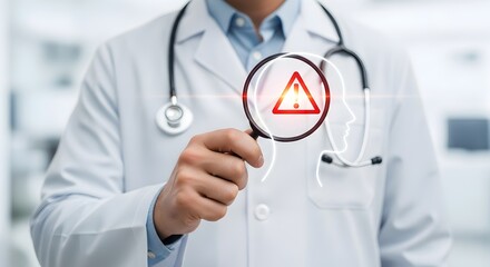 Doctor analyzing mental health with magnifying glass and warning sign for medical diagnosis help