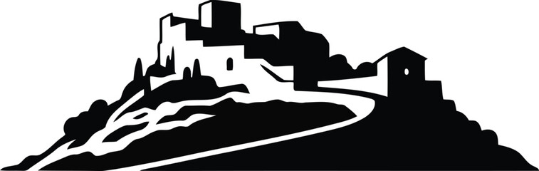 Silhouette of a Hilltop Village with a Winding Road Leading Up to the Buildings and Structures