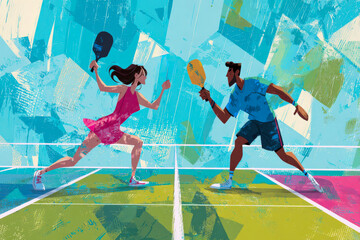 A dynamic scene features two animated characters in motion, playing pickleball on a surreal court. Bright colors, bold hair, and abstract design add a modern, artistic flair.