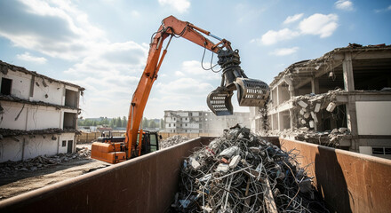 Heavy equipment cleans construction site from scrap metal, waste in large container