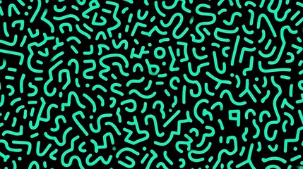 Geometric memphis inspired pattern featuring turquoise rounded shapes, straight lines, and dots contrasting against black background, generating seamless repeatable design