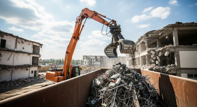 Heavy equipment cleans construction site from scrap metal, waste in large container - Powered by Adobe
