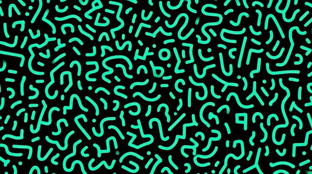Geometric memphis inspired pattern featuring turquoise rounded shapes, straight lines, and dots contrasting against black background, generating seamless repeatable design