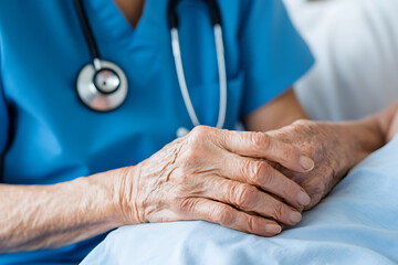 Elderly patient's hands resting on a hospital bed, receiving care from a healthcare provider. Symbolizes support, compassion, and medical attention.
