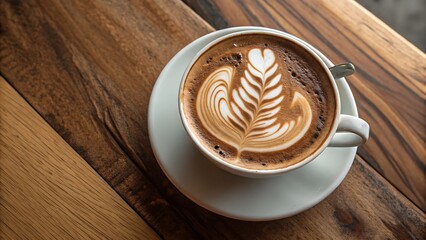 Delicious latte art coffee in a white cup on a wooden table, perfect for a cozy cafe atmosphere.