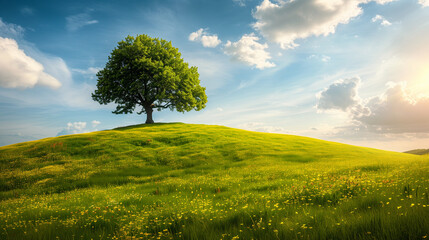 Spring landscape with a lone tree on a hill