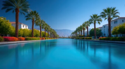 A long pool with palm trees lining the sides