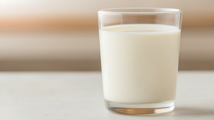A glass of milk sits on a white surface, its smooth texture and creamy color inviting a refreshing sip. Health and purity in a simple image.