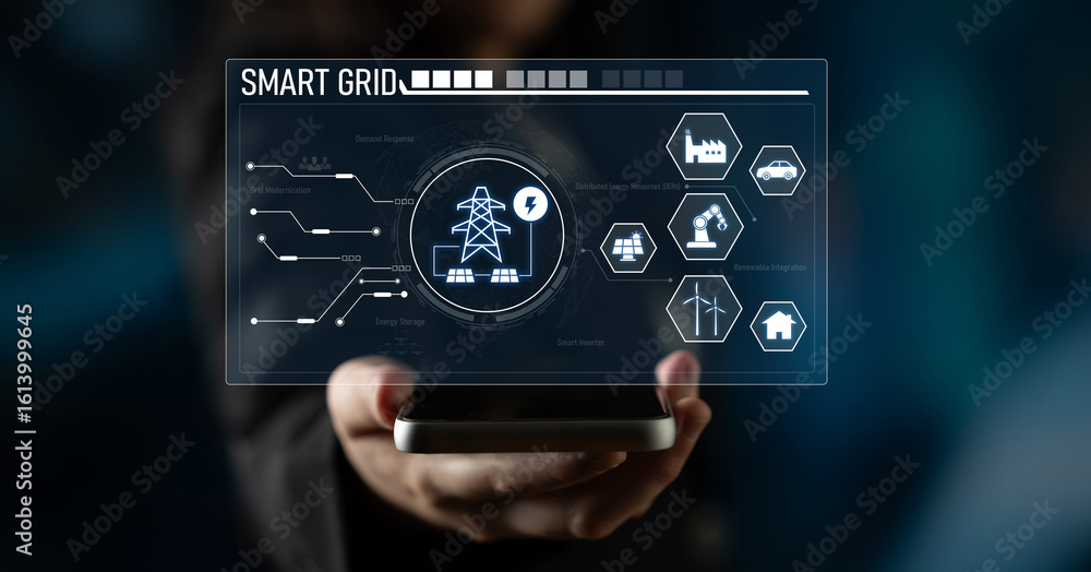 Poster smart grid system integrating renewable energy sources, energy storage, smart inverters, and demand 