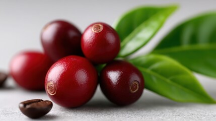 A bunch of red berries with green leaves on top