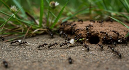 Fototapeta premium Ants diligently carry food towards their earthy mound nest, amidst blades of grass and tiny white flowers