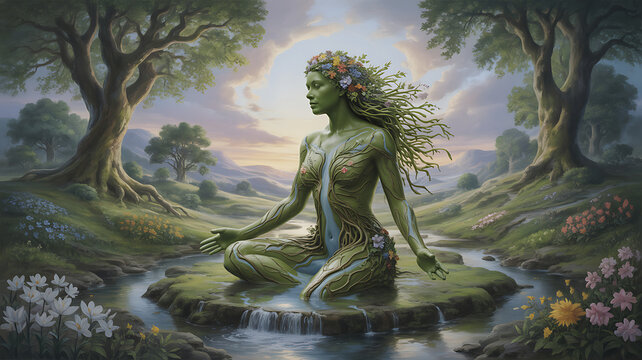 Mother Earth Meditating by a River in a Peaceful Landscape