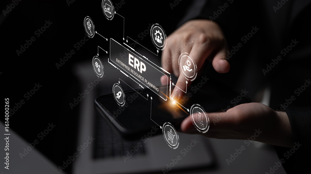 Poster erp platform visual showing centralized system for enterprise resource planning, improving integrati