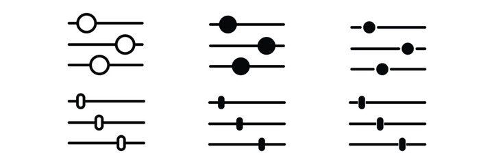 Slider adjustment icon set with control bar minimal outline symbols for settings equalizer customization UI vector design illustration.