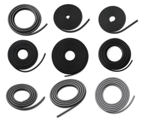 Set of black rubber beading rolls isolated on transparent background; rubber beading coils in different shapes and sizes in this isolated set for sealing, insulation or construction design concepts