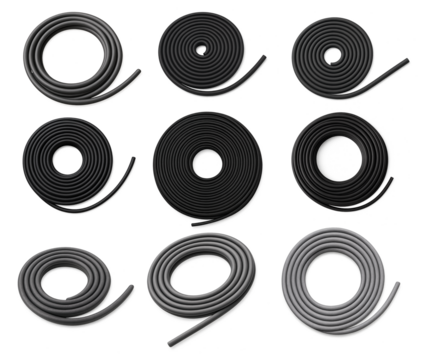 Set of black rubber beading rolls isolated on transparent background; rubber beading coils in different shapes and sizes in this isolated set for sealing, insulation or construction design concepts