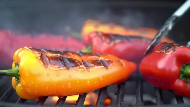 Close up of colorful bell peppers grilling on a barbecue with visible flames and smoke
