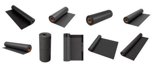 Set of bitumen underlayment rolls isolated on transparent background; waterproof black rolls shown in different angles and textures in this isolated set roofing, insulation or building supply themes