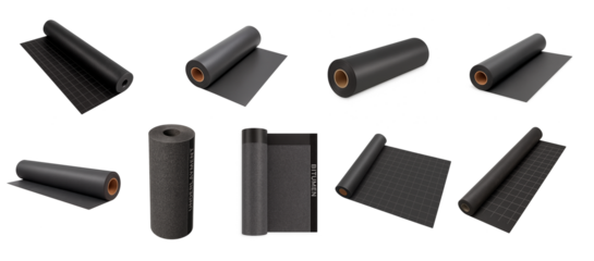 Set of bitumen underlayment rolls isolated on transparent background; waterproof black rolls shown in different angles and textures in this isolated set roofing, insulation or building supply themes