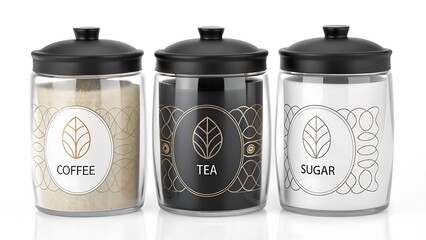 Elegant Kitchen Containers: Stylish Storage Jars for Coffee, Tea, and Sugar with Modern Design and Black Lids on White Background.