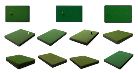 Set of golf practice mats isolated on transparent background; various green turf mats with tees shown in different shapes and angles in this isolated set for golf training or sports equipment themes