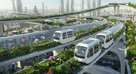 Envisioning a green futuristic metropolis with elevated pods and flourishing landscapes